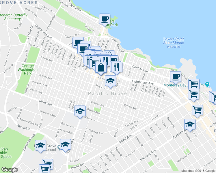 map of restaurants, bars, coffee shops, grocery stores, and more near in Pacific Grove