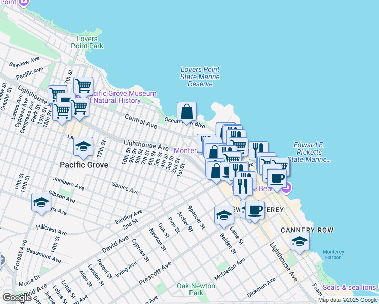 map of restaurants, bars, coffee shops, grocery stores, and more near 189 Evans Avenue in Pacific Grove