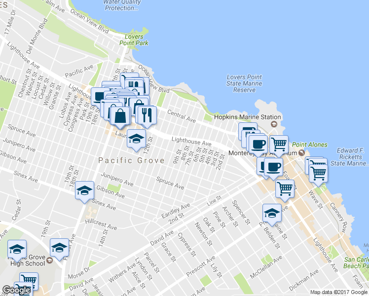 map of restaurants, bars, coffee shops, grocery stores, and more near 212 8th Street in Pacific Grove