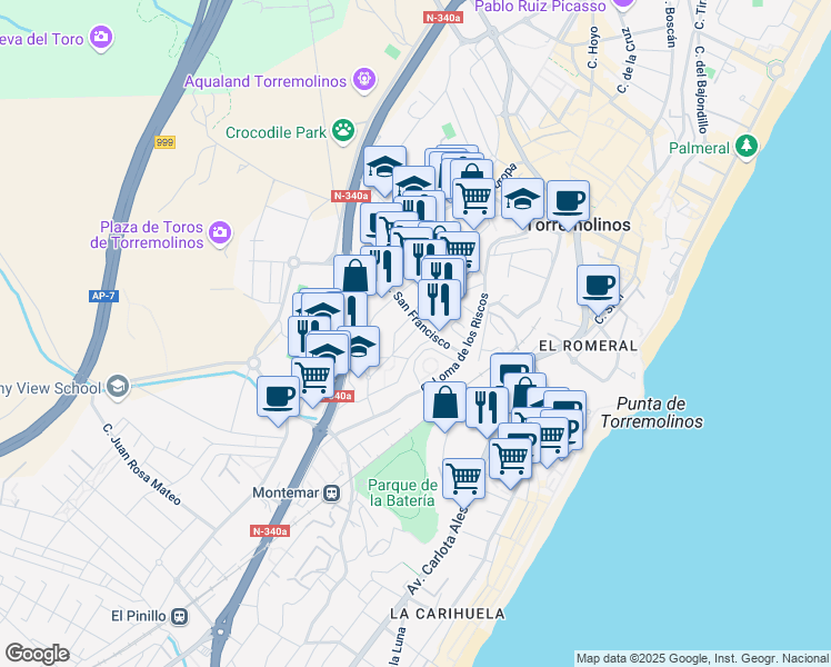 map of restaurants, bars, coffee shops, grocery stores, and more near 1 Calle Periodista Juan Rejano in Torremolinos