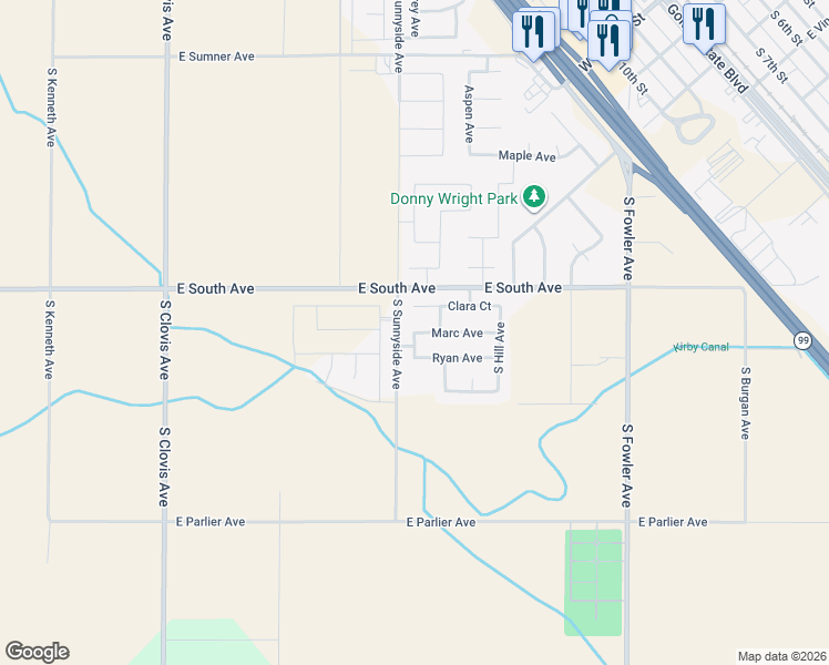 map of restaurants, bars, coffee shops, grocery stores, and more near 924 Bedrosian Avenue in Fowler