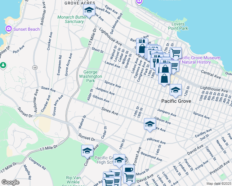 map of restaurants, bars, coffee shops, grocery stores, and more near 782 Junipero Avenue in Pacific Grove