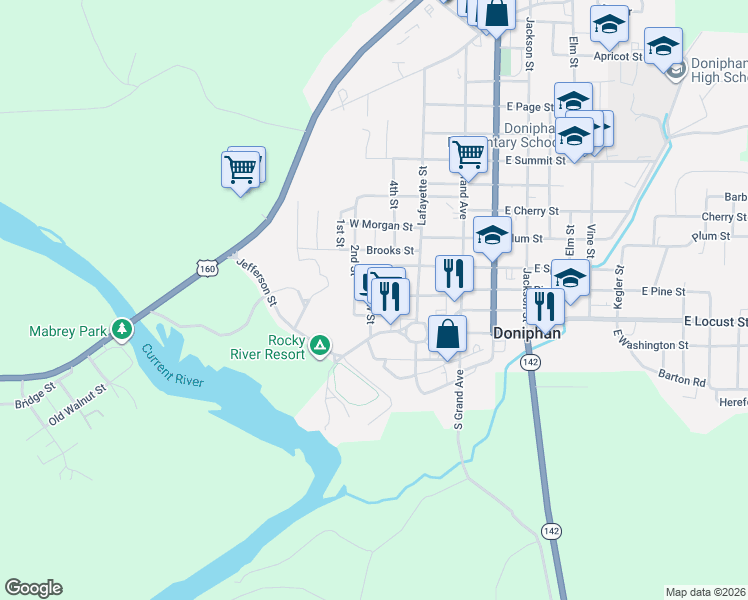 map of restaurants, bars, coffee shops, grocery stores, and more near 105 Willow Street in Doniphan