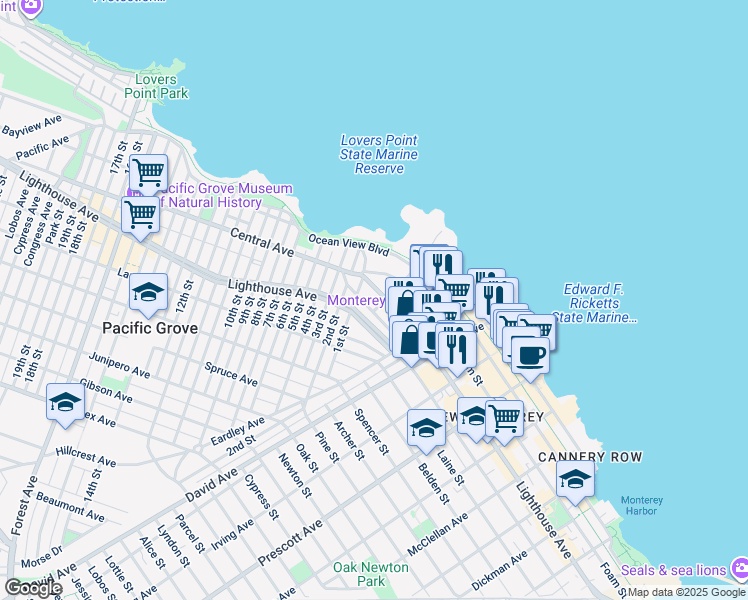 map of restaurants, bars, coffee shops, grocery stores, and more near 160 Evans Avenue in Pacific Grove