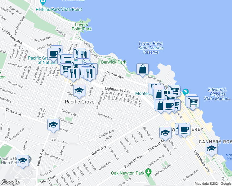 map of restaurants, bars, coffee shops, grocery stores, and more near 228 6th Street in Pacific Grove