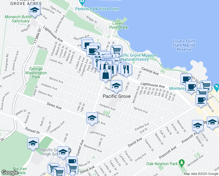 map of restaurants, bars, coffee shops, grocery stores, and more near in Pacific Grove