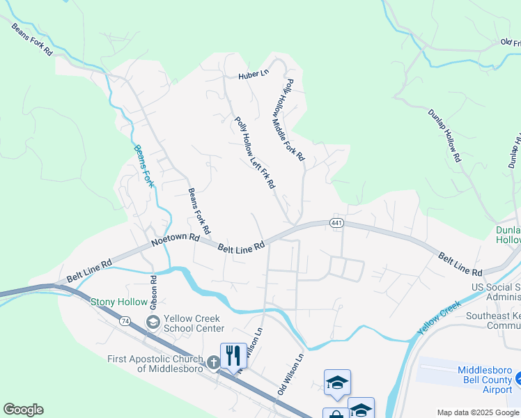map of restaurants, bars, coffee shops, grocery stores, and more near 3450 State Highway 441 in Middlesboro