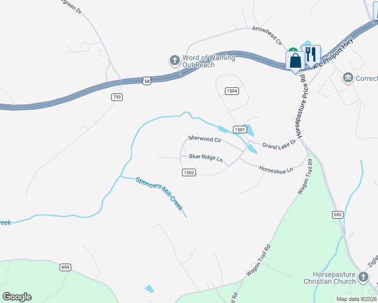 map of restaurants, bars, coffee shops, grocery stores, and more near 103 Blue Ridge Lane in Ridgeway