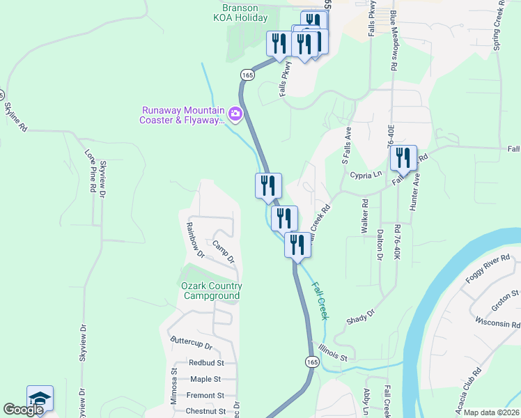 map of restaurants, bars, coffee shops, grocery stores, and more near 963 Highway 165 in Branson