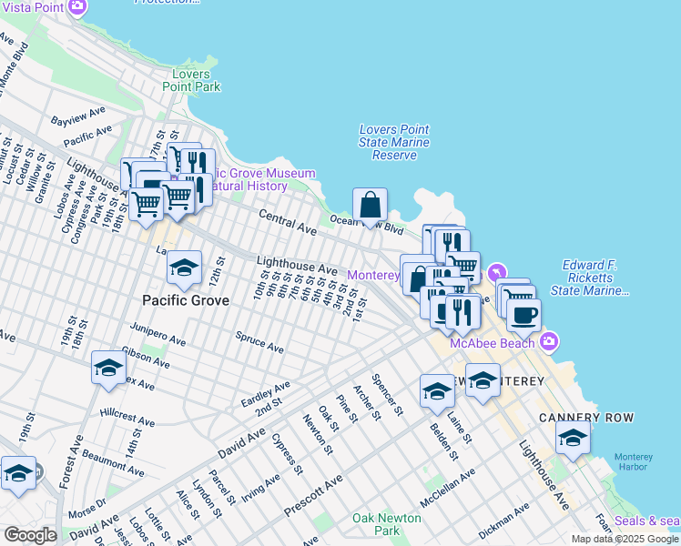map of restaurants, bars, coffee shops, grocery stores, and more near 131 5th Street in Pacific Grove