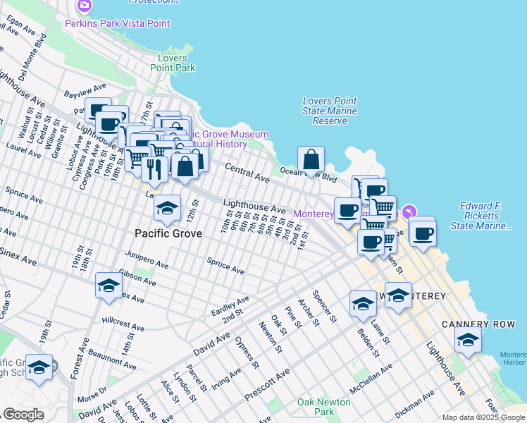 map of restaurants, bars, coffee shops, grocery stores, and more near 142 7th Street in Pacific Grove
