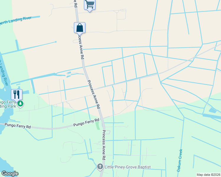map of restaurants, bars, coffee shops, grocery stores, and more near 633 Spence Farm Court in Virginia Beach