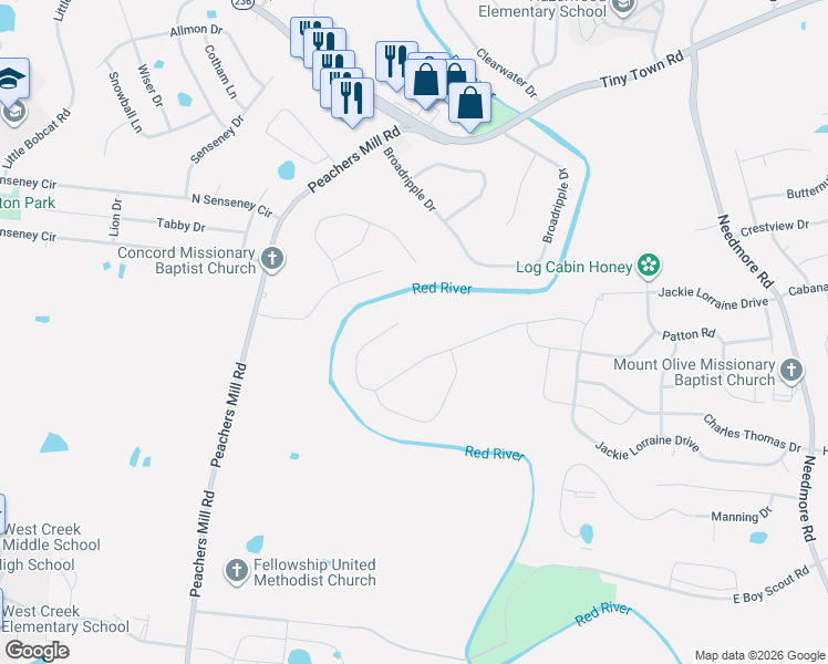 map of restaurants, bars, coffee shops, grocery stores, and more near 1661 Rains Road in Clarksville