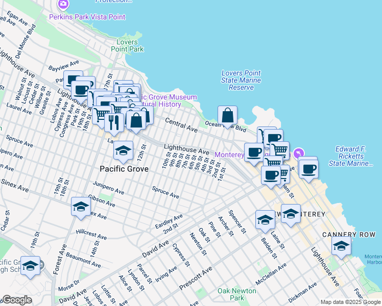 map of restaurants, bars, coffee shops, grocery stores, and more near 311 Lighthouse Avenue in Pacific Grove