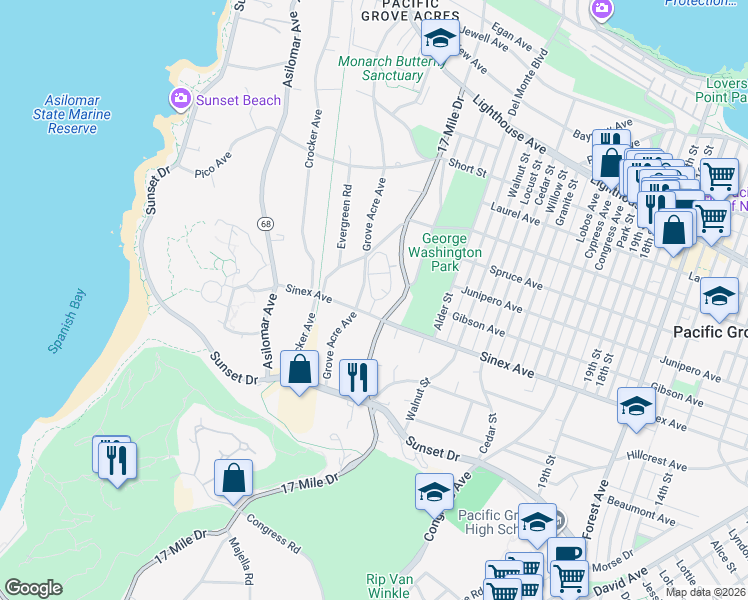 map of restaurants, bars, coffee shops, grocery stores, and more near 607 Pacific Grove Lane in Pacific Grove