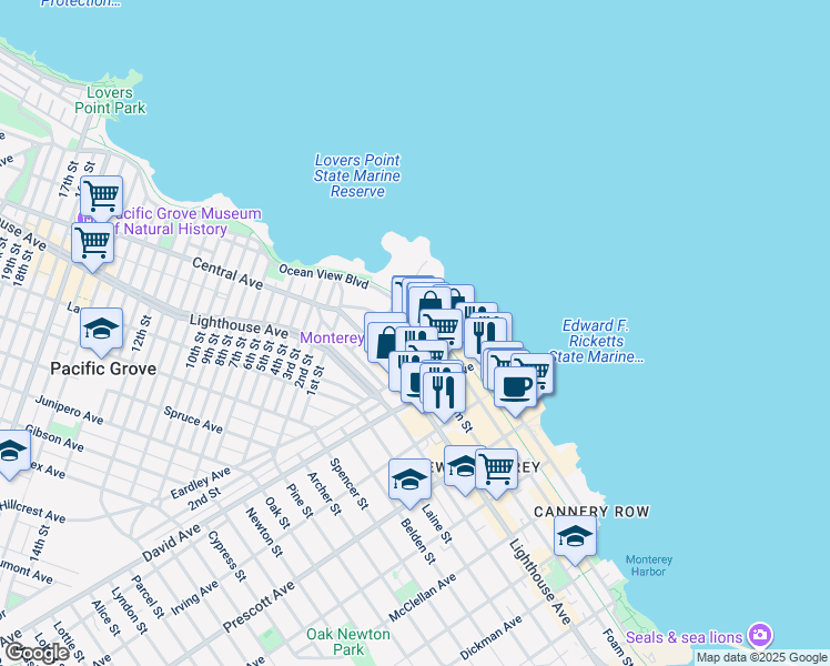 map of restaurants, bars, coffee shops, grocery stores, and more near 125 Ocean View Boulevard in Pacific Grove