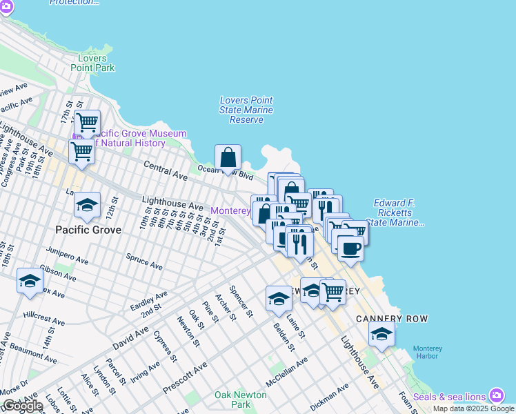 map of restaurants, bars, coffee shops, grocery stores, and more near 183 Sloat Avenue in Pacific Grove