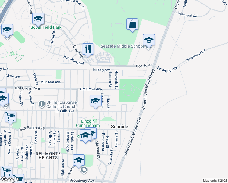 map of restaurants, bars, coffee shops, grocery stores, and more near 1870 Ord Grove Avenue in Seaside