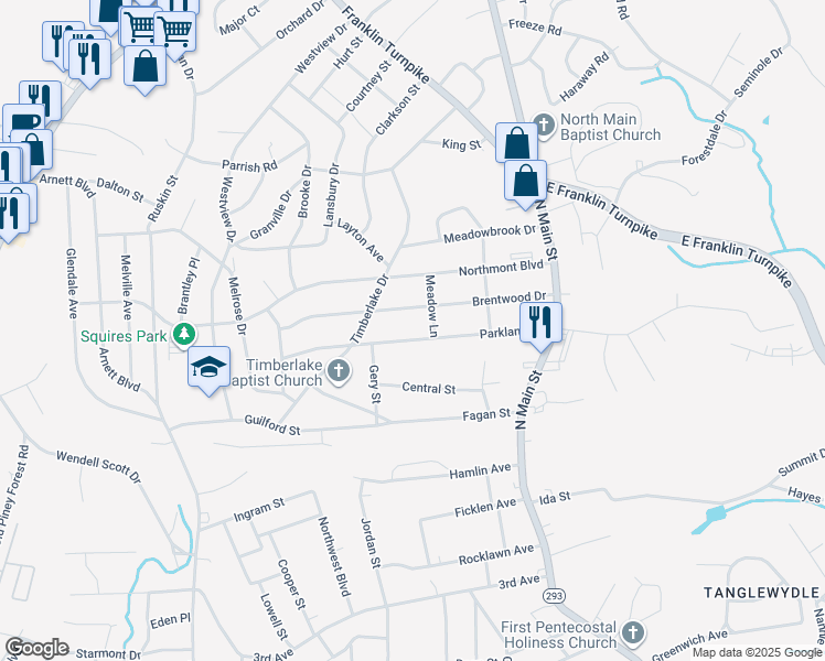 map of restaurants, bars, coffee shops, grocery stores, and more near 315 Brentwood Drive in Danville