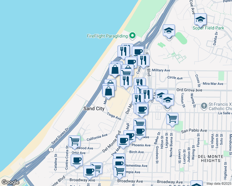 map of restaurants, bars, coffee shops, grocery stores, and more near 880-902 Playa Avenue in Sand City