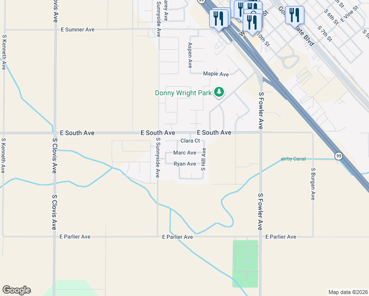 map of restaurants, bars, coffee shops, grocery stores, and more near 1094 Marc Avenue in Fowler