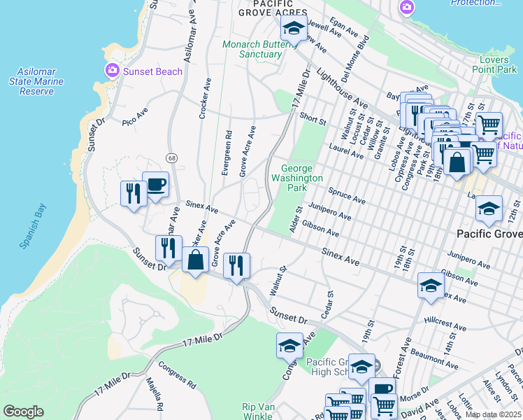 map of restaurants, bars, coffee shops, grocery stores, and more near 1002 Pacific Grove Lane in Pacific Grove