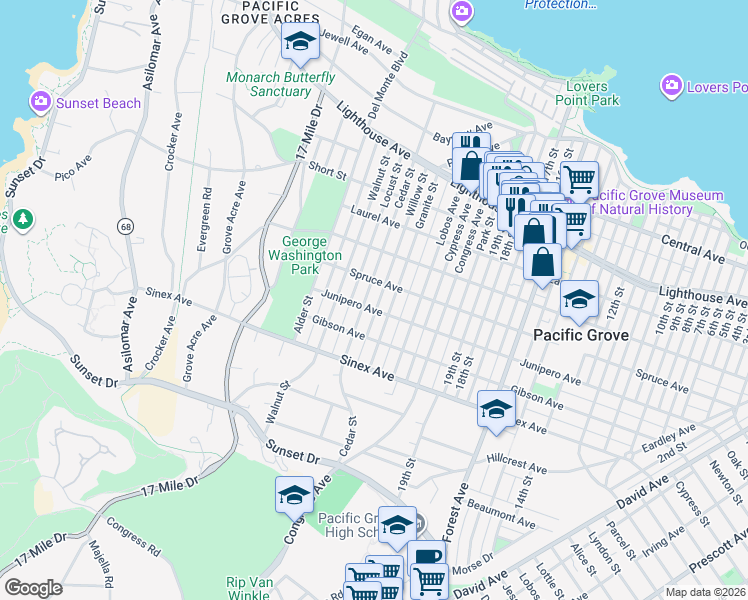 map of restaurants, bars, coffee shops, grocery stores, and more near 507 Locust Street in Pacific Grove