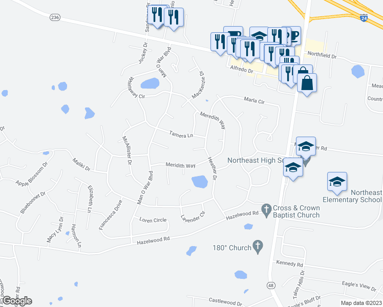 map of restaurants, bars, coffee shops, grocery stores, and more near 1336 Fergie Court in Clarksville