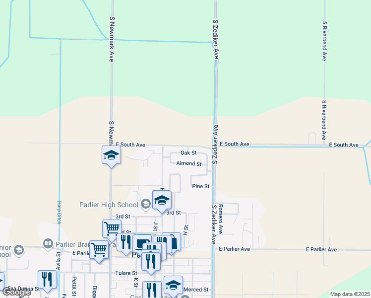 map of restaurants, bars, coffee shops, grocery stores, and more near 523 Oak Street in Parlier