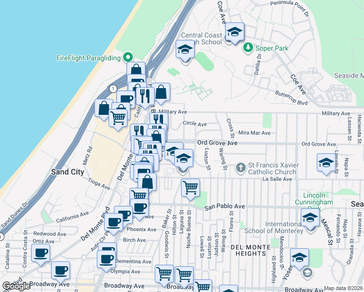 map of restaurants, bars, coffee shops, grocery stores, and more near 1301 Ord Grove Avenue in Seaside