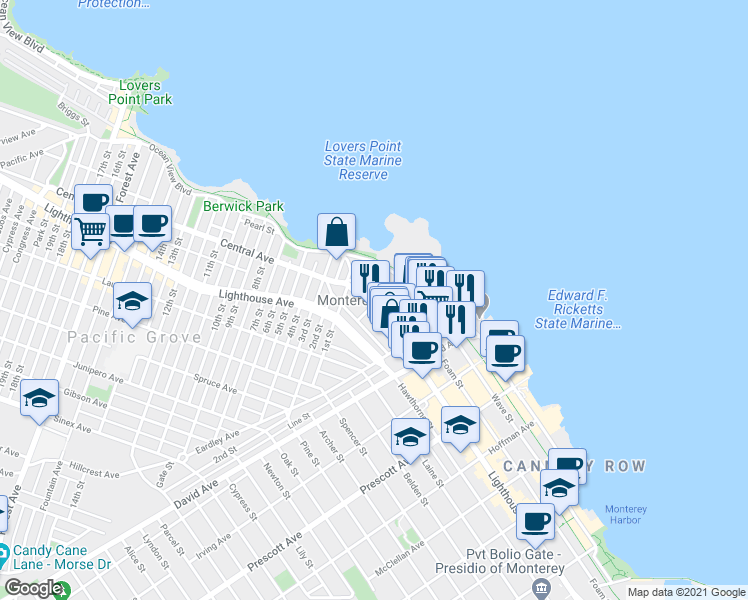 map of restaurants, bars, coffee shops, grocery stores, and more near 183 Sloat Avenue in Pacific Grove