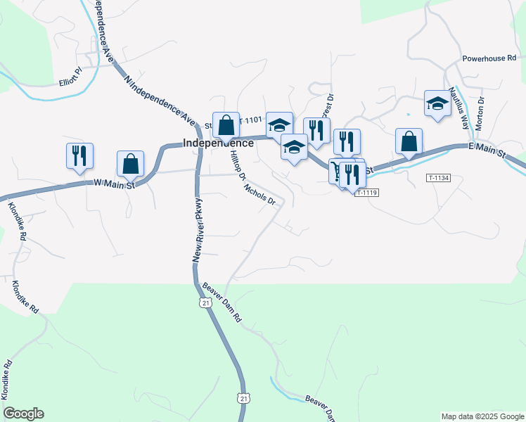 map of restaurants, bars, coffee shops, grocery stores, and more near 224 Nichols Drive in Independence