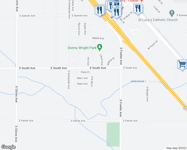 map of restaurants, bars, coffee shops, grocery stores, and more near 791 Hill Avenue in Fowler