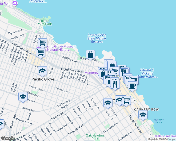 map of restaurants, bars, coffee shops, grocery stores, and more near 136 2nd Street in Pacific Grove