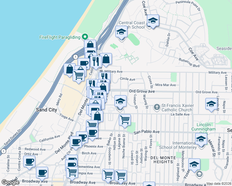 map of restaurants, bars, coffee shops, grocery stores, and more near 1270 Ord Grove Avenue in Seaside