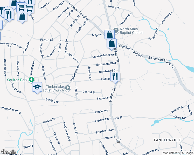 map of restaurants, bars, coffee shops, grocery stores, and more near 220 Parkland Drive in Danville