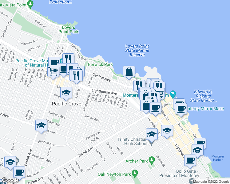 map of restaurants, bars, coffee shops, grocery stores, and more near Lighthouse Avenue & 5th Street in Pacific Grove