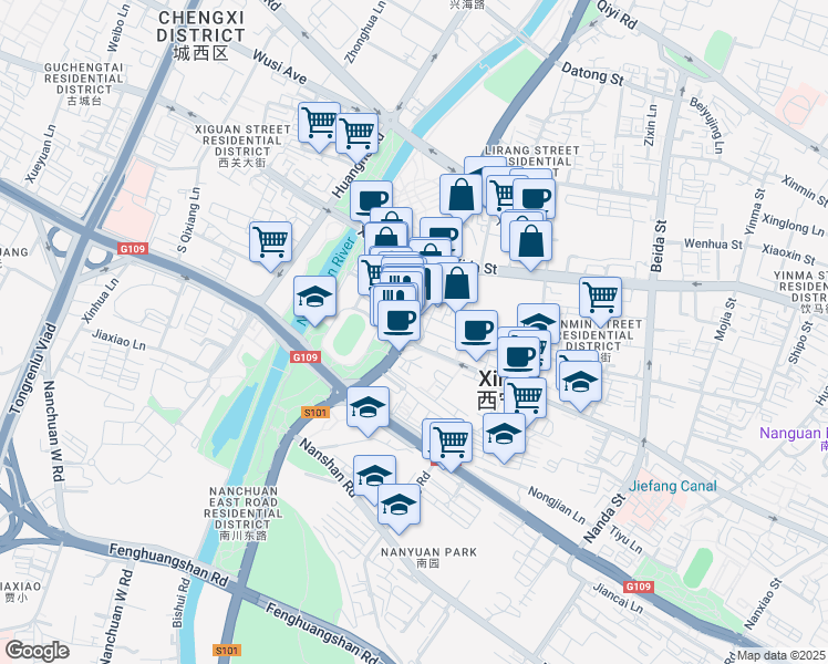 map of restaurants, bars, coffee shops, grocery stores, and more near Chang Jiang Lu in Xi Ning Shi