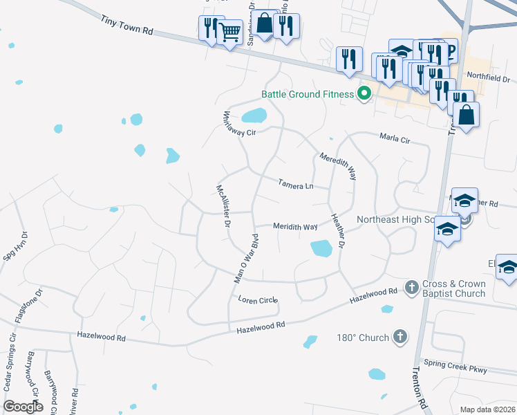 map of restaurants, bars, coffee shops, grocery stores, and more near 3809 Man O War Boulevard in Clarksville
