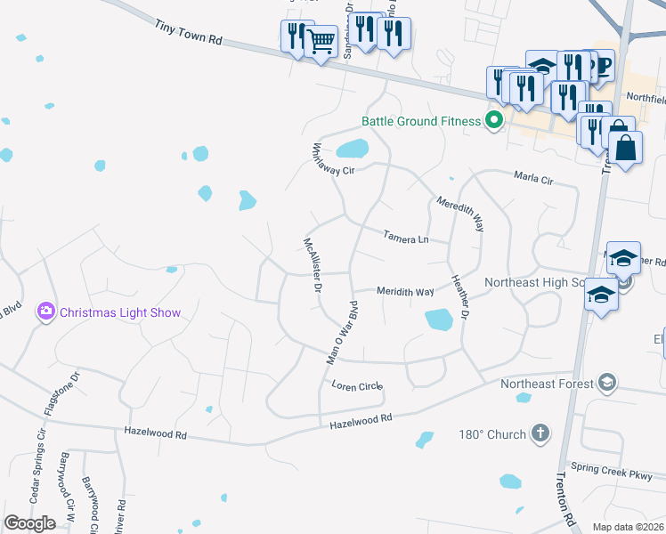 map of restaurants, bars, coffee shops, grocery stores, and more near 3803 McAllister Drive in Clarksville