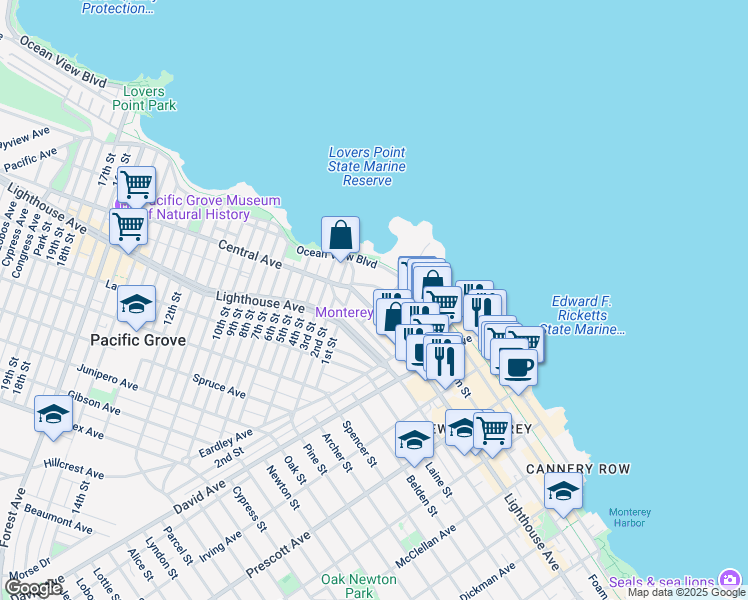map of restaurants, bars, coffee shops, grocery stores, and more near 183 Sloat Avenue in Pacific Grove