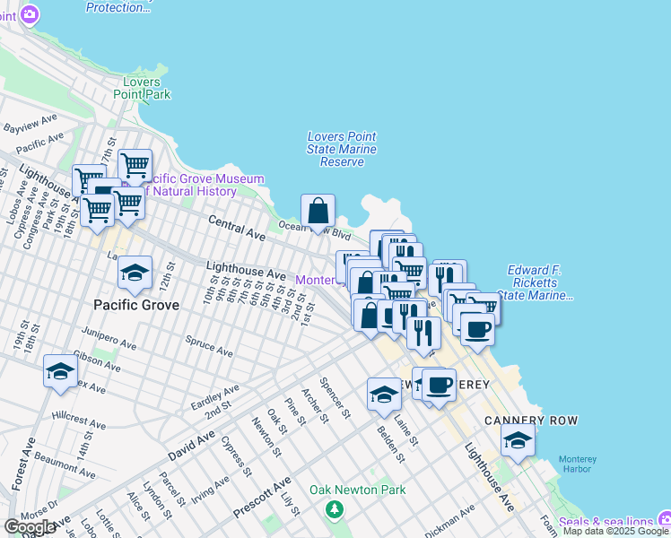 map of restaurants, bars, coffee shops, grocery stores, and more near 183 Sloat Avenue in Pacific Grove