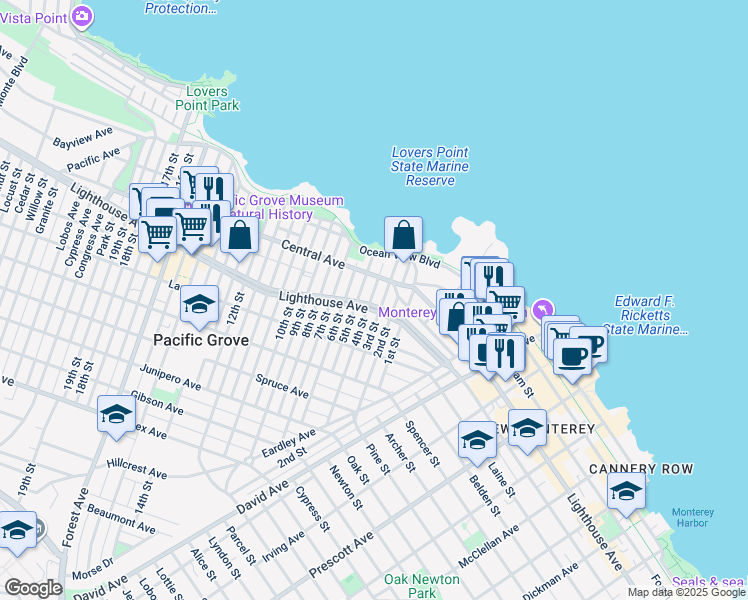 map of restaurants, bars, coffee shops, grocery stores, and more near 131 5th Street in Pacific Grove