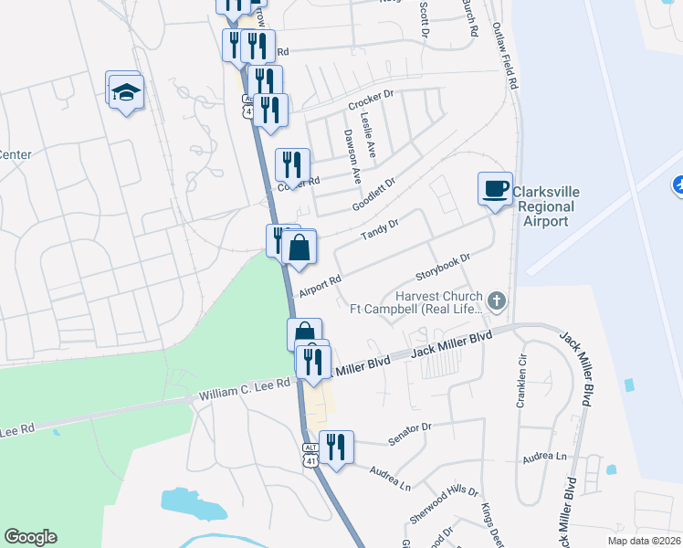 map of restaurants, bars, coffee shops, grocery stores, and more near 98 Tandy Drive in Clarksville