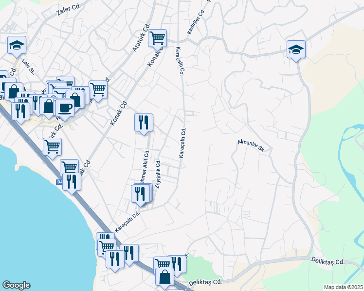 map of restaurants, bars, coffee shops, grocery stores, and more near Karaçaltı Caddesi in Alanya