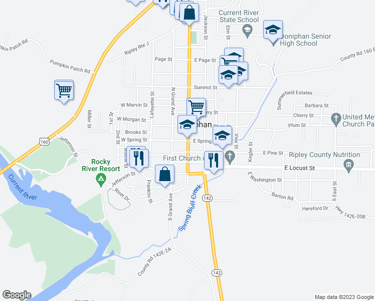 map of restaurants, bars, coffee shops, grocery stores, and more near 308 Walnut Street in Doniphan