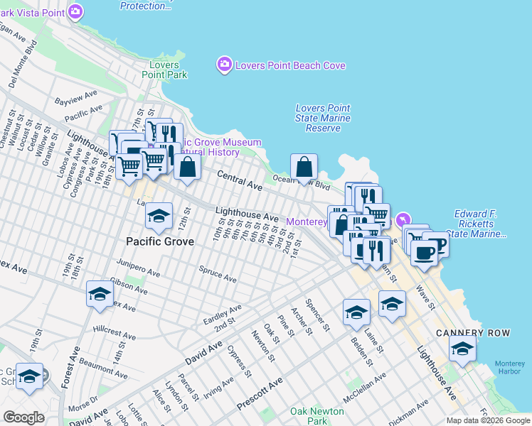 map of restaurants, bars, coffee shops, grocery stores, and more near 131 5th Street in Pacific Grove