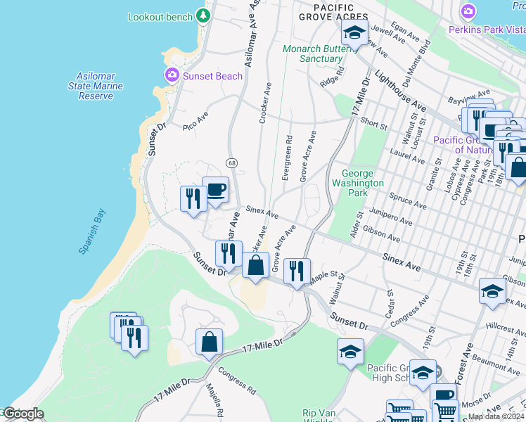 map of restaurants, bars, coffee shops, grocery stores, and more near 1244 Sinex Avenue in Pacific Grove