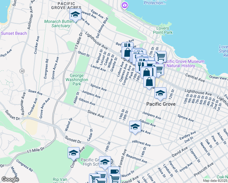 map of restaurants, bars, coffee shops, grocery stores, and more near 728 Spruce Avenue in Pacific Grove
