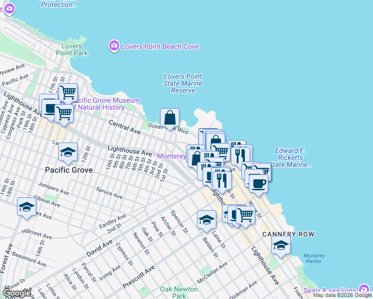 map of restaurants, bars, coffee shops, grocery stores, and more near 180 Central Avenue in Pacific Grove